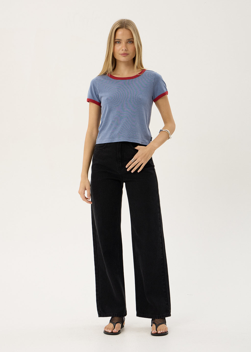AFENDS Womens Carmen - Baby Ringer Tee - Slate Blue / Ketchup