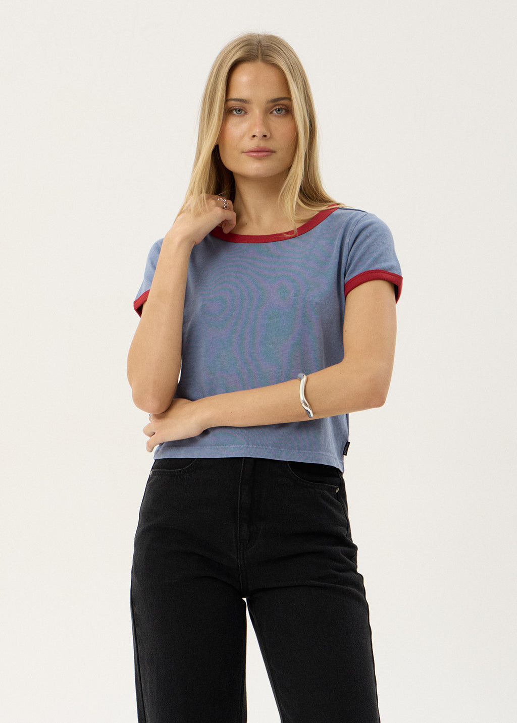 AFENDS Womens Carmen - Baby Ringer Tee - Slate Blue / Ketchup