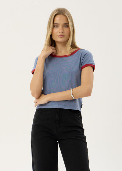 AFENDS Womens Carmen - Baby Ringer Tee - Slate Blue / Ketchup