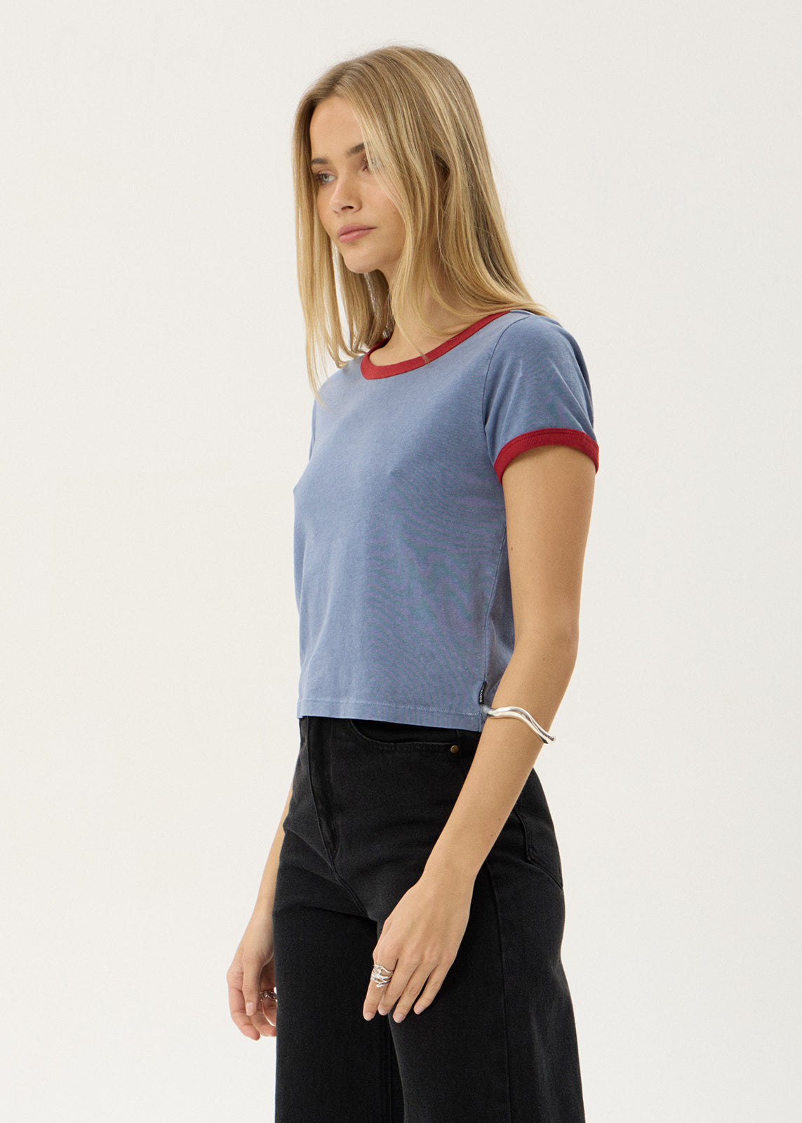AFENDS Womens Carmen - Baby Ringer Tee - Slate Blue / Ketchup