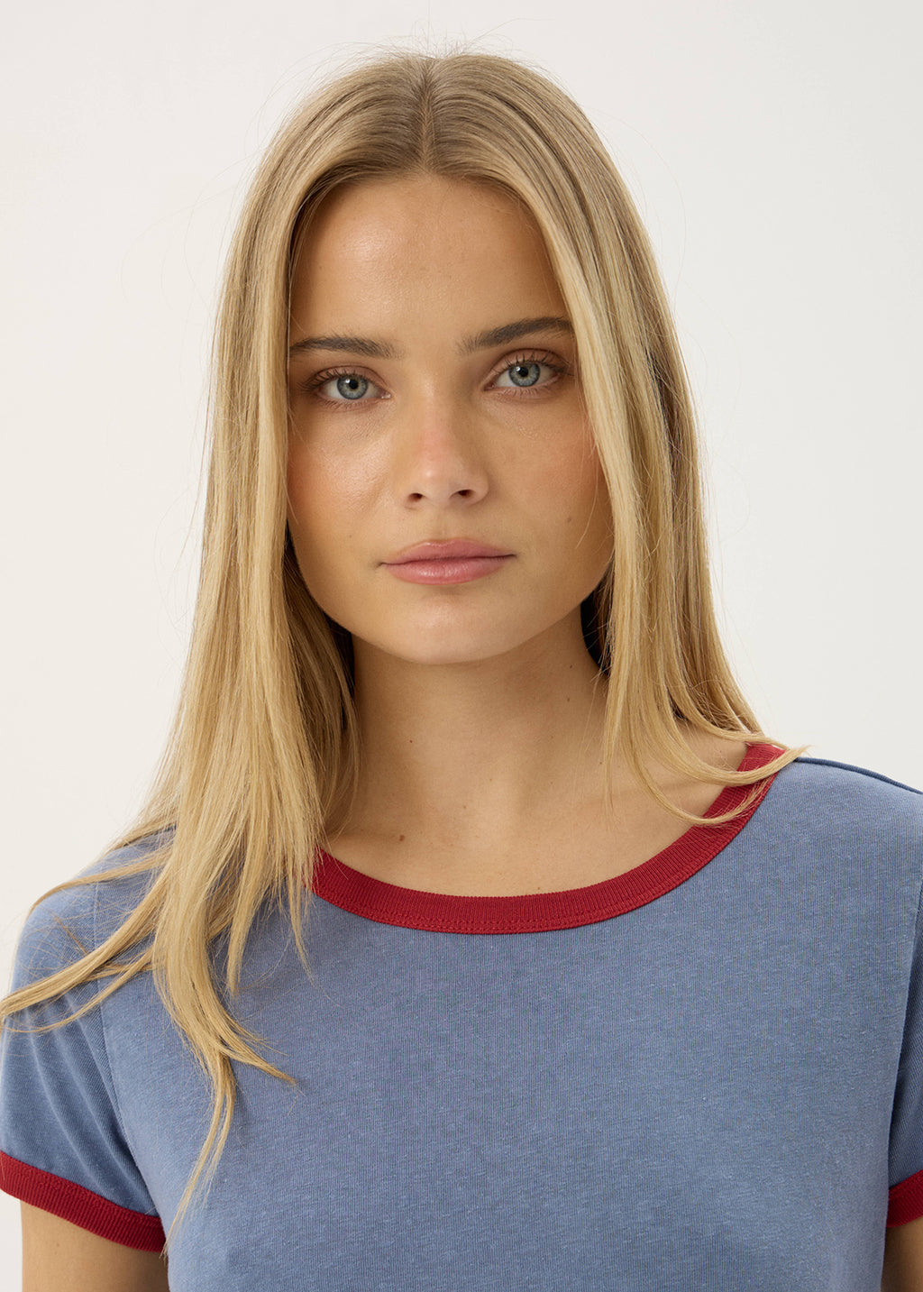 AFENDS Womens Carmen - Baby Ringer Tee - Slate Blue / Ketchup