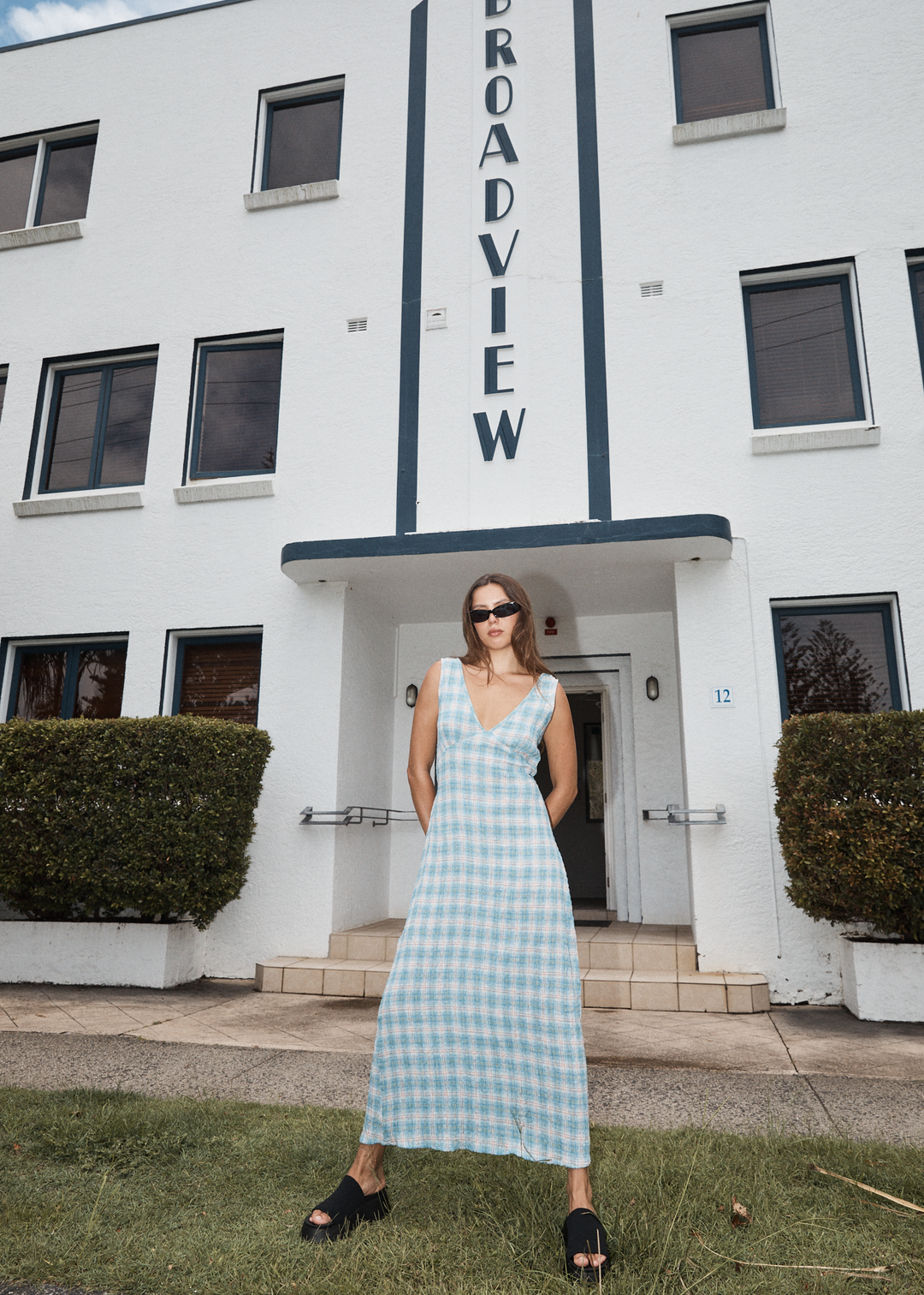 AFENDS Womens Position - Seersucker Check Maxi Dress - Lake Check 