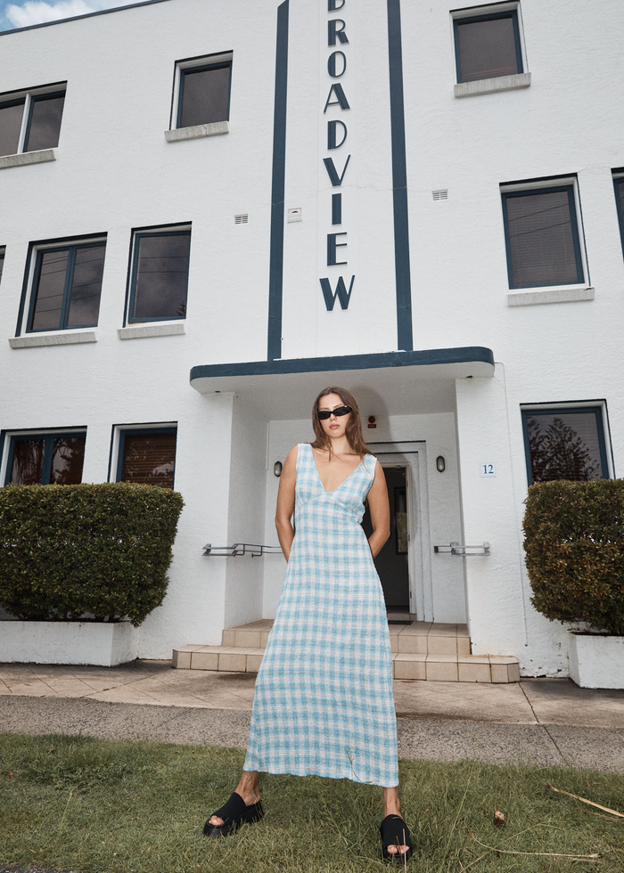 Afends Womens Position - Seersucker Check Maxi Dress - Lake Check 