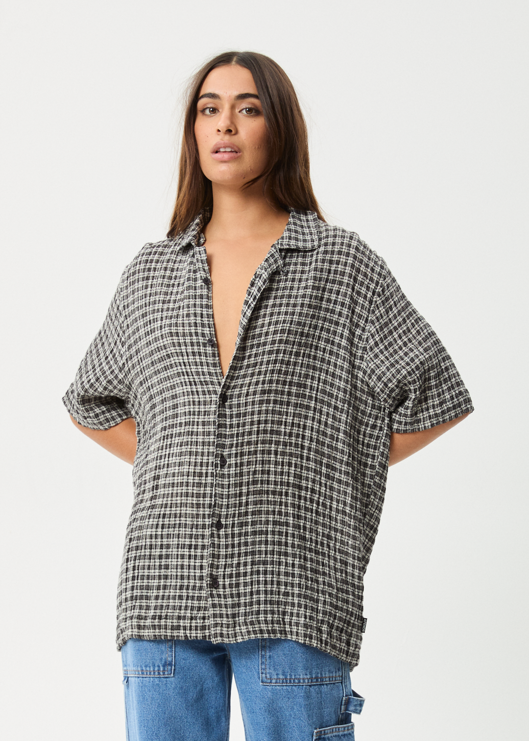 AFENDS Mens Asta - Seer Sucker Regular Shirt - Steel Check 