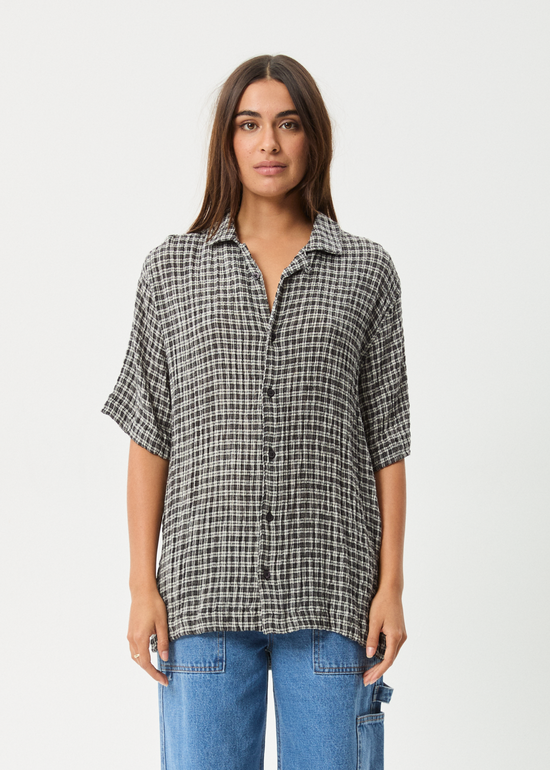 AFENDS Mens Asta - Seer Sucker Regular Shirt - Steel Check 