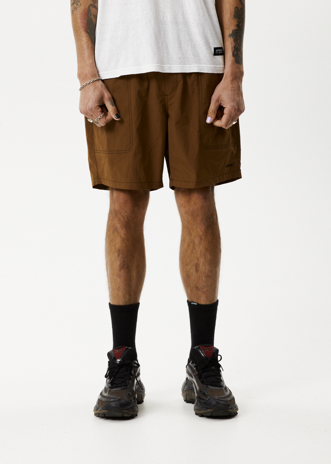 AFENDS Mens Baywatch Liquid Space - Elastic Waist Shorts - Toffee 