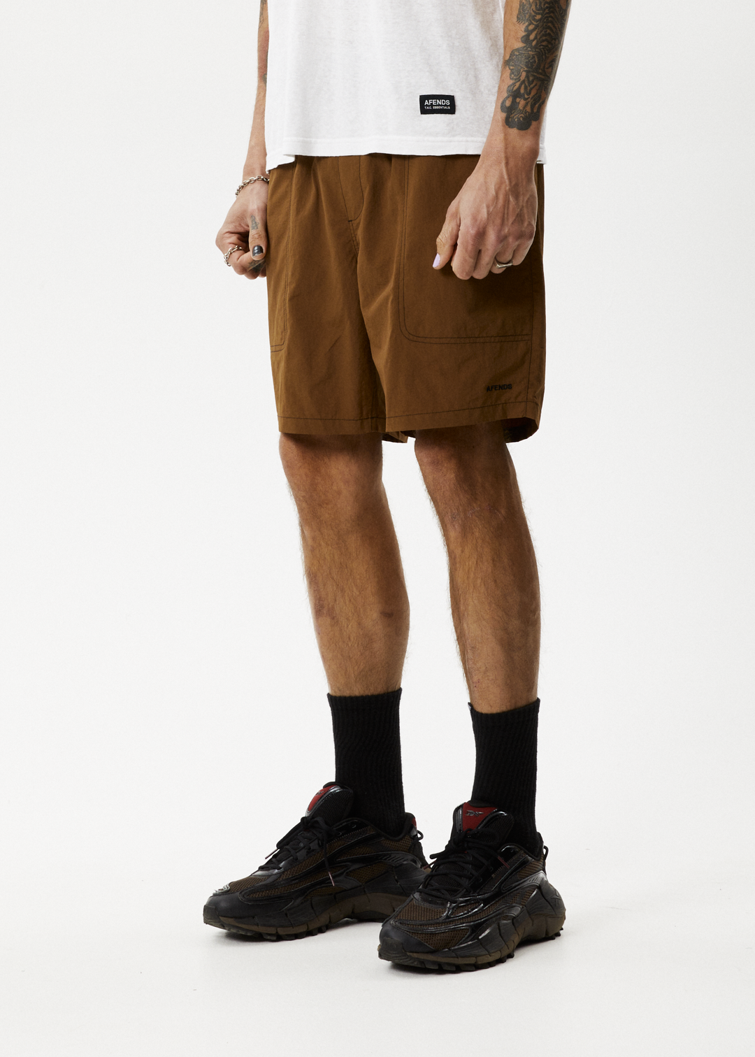 AFENDS Mens Baywatch Liquid Space - Elastic Waist Shorts - Toffee 