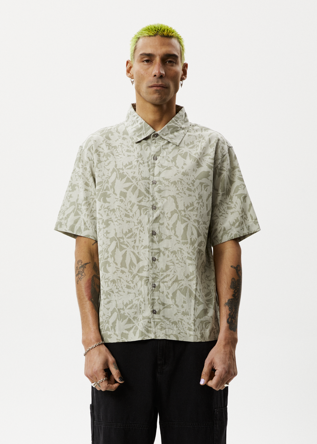 AFENDS Mens Bouquet - Short Sleeve Shirt - Olive Floral 