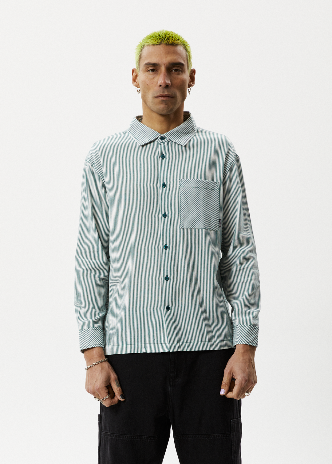 AFENDS Mens Intergalactic - Long Sleeve Shirt - Emerald Stripe 