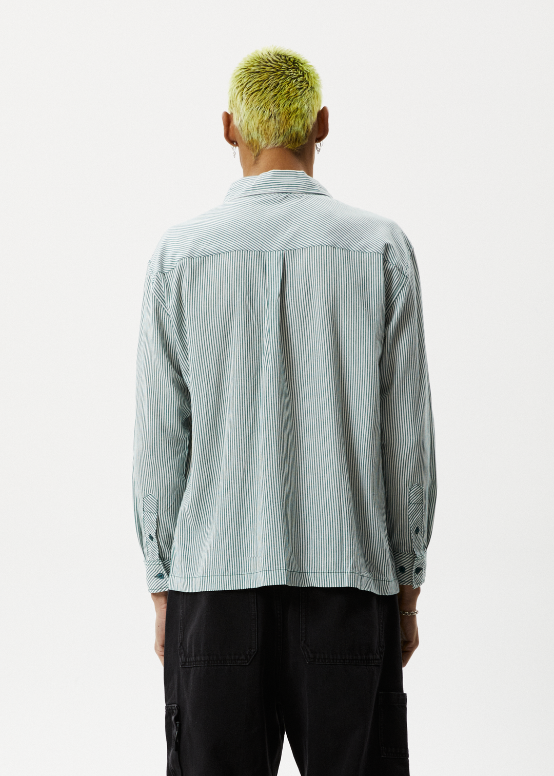 AFENDS Mens Intergalactic - Long Sleeve Shirt - Emerald Stripe 