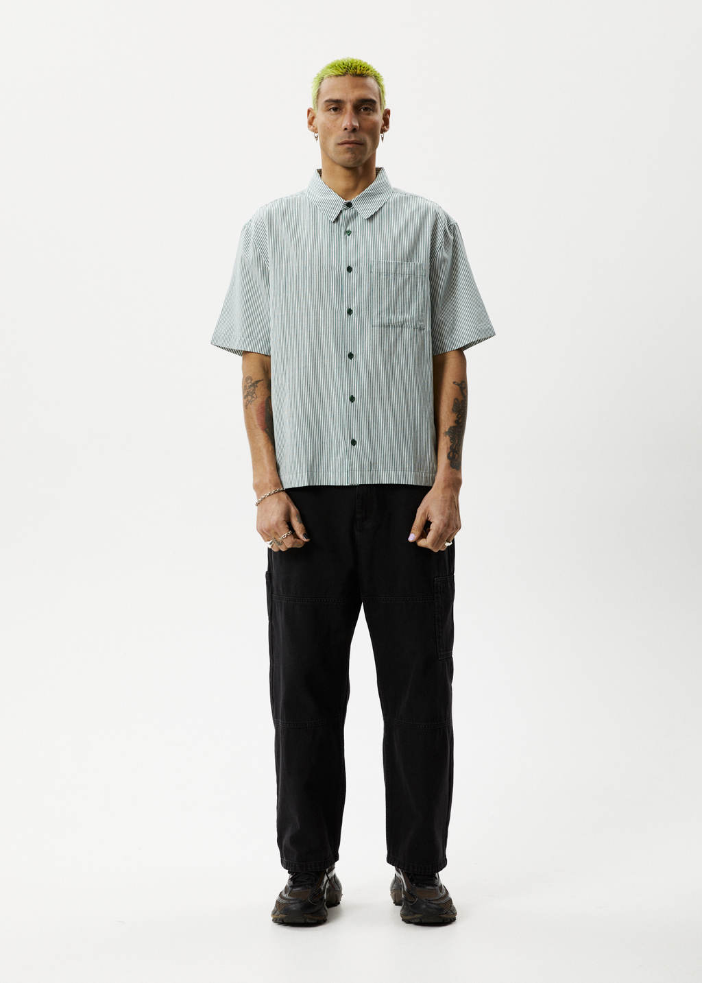 AFENDS Mens Intergalactic - Short Sleeve Shirt - Emerald Stripe 