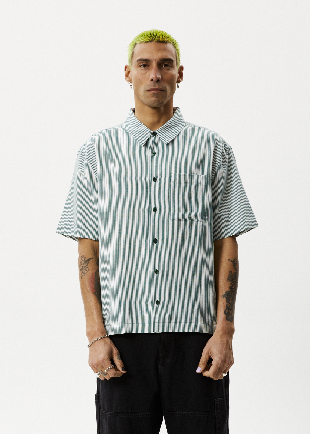 AFENDS Mens Intergalactic - Short Sleeve Shirt - Emerald Stripe 