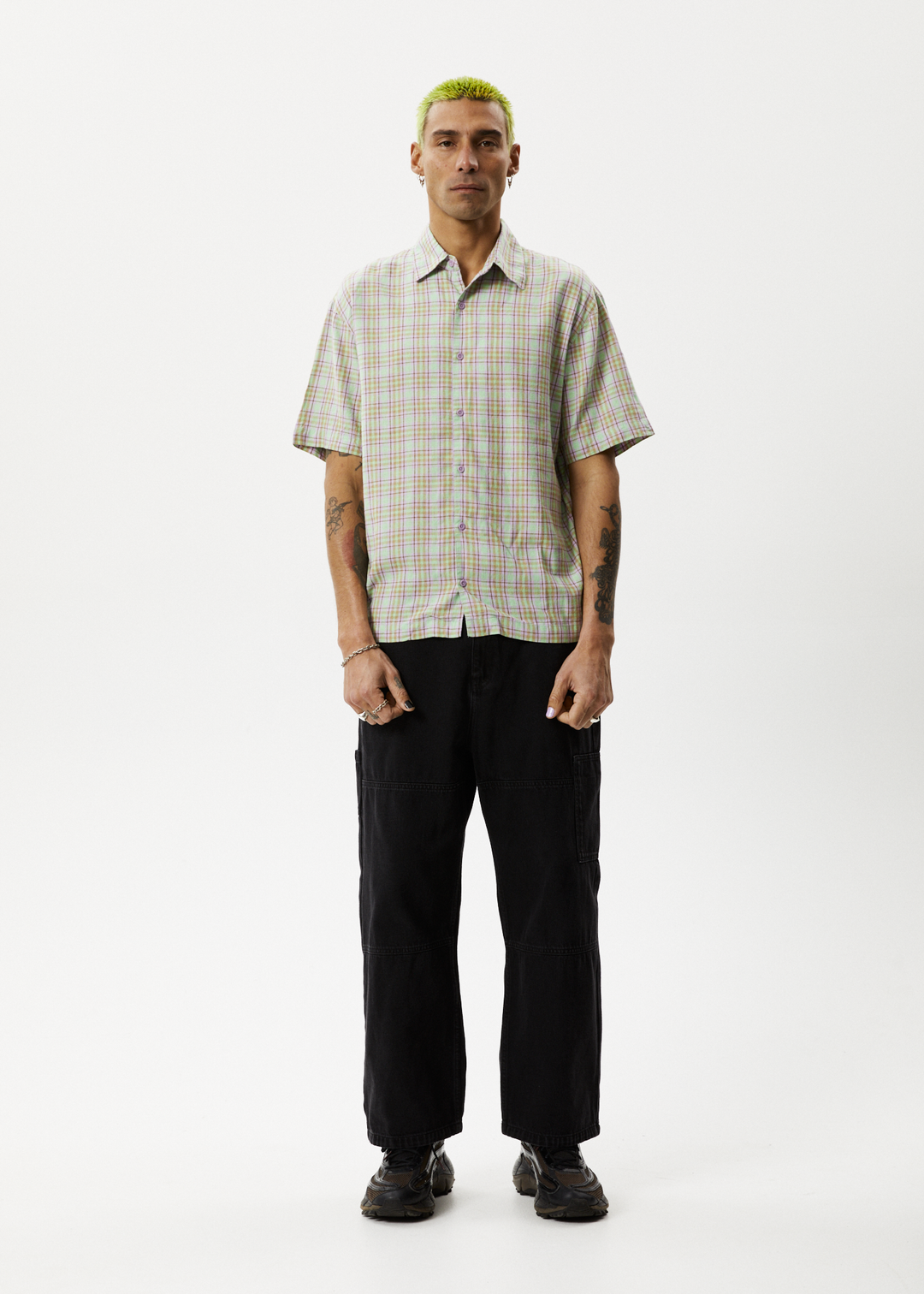 AFENDS Mens Kali - Short Sleeve Shirt - Pistachio Check 