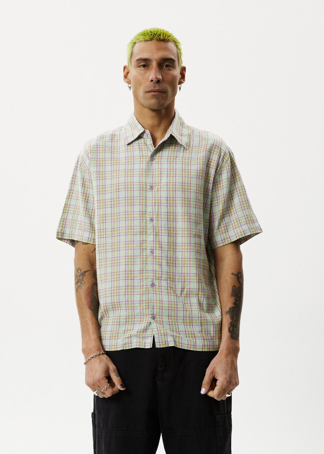 AFENDS Mens Kali - Short Sleeve Shirt - Pistachio Check 