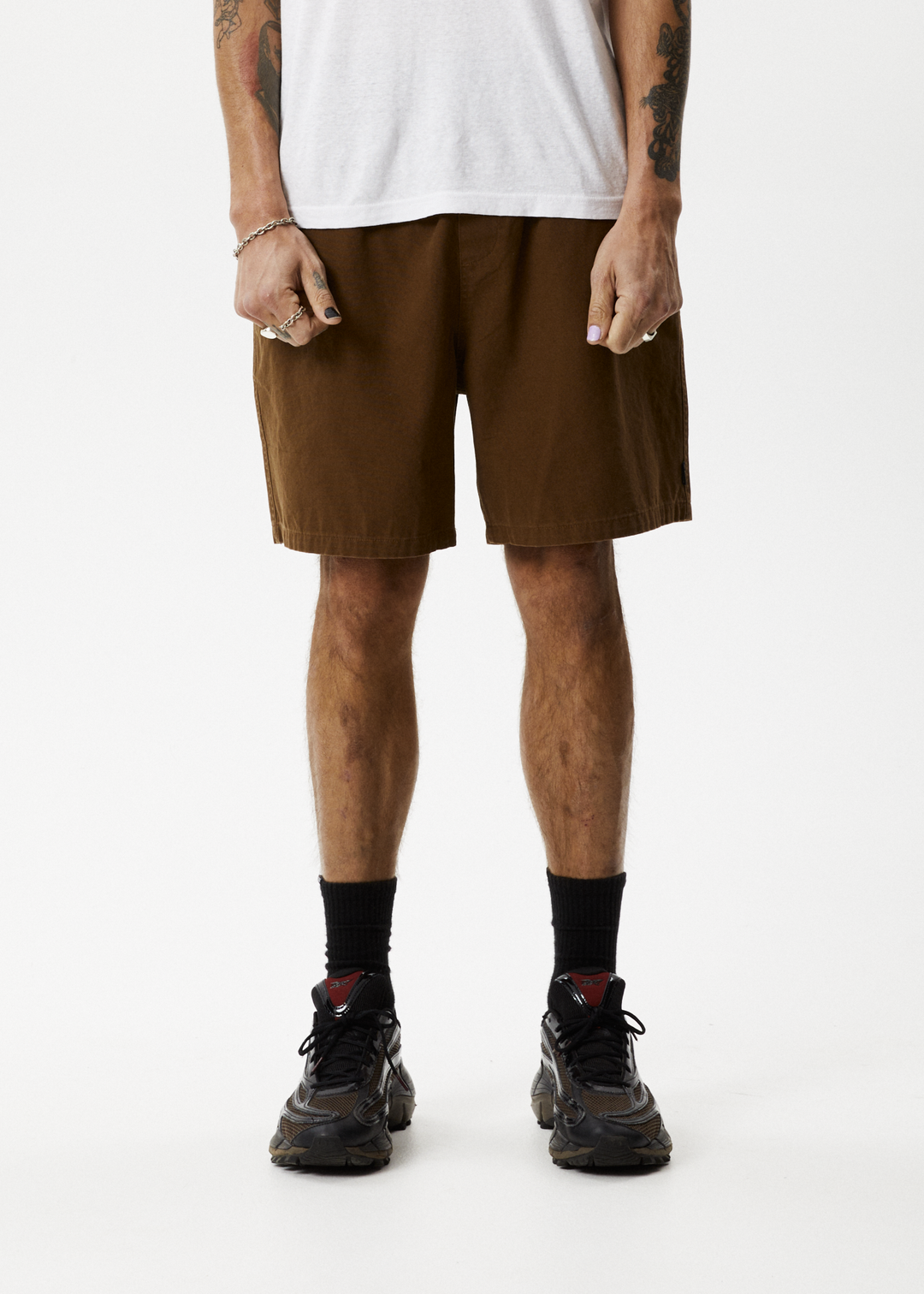 AFENDS Mens Ninety Eights - Baggy Elastic Waist Shorts - Toffee 