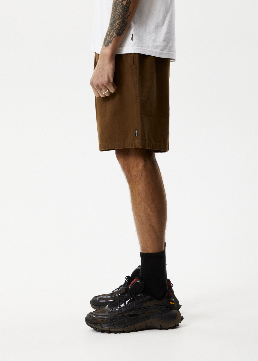 AFENDS Mens Ninety Eights - Baggy Elastic Waist Shorts - Toffee 