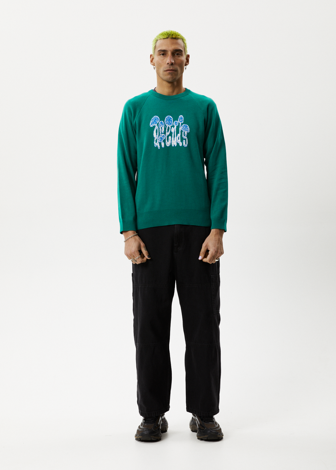 AFENDS Mens Psychedelic - Raglan Knitted Crew Neck Jumper - Emerald 