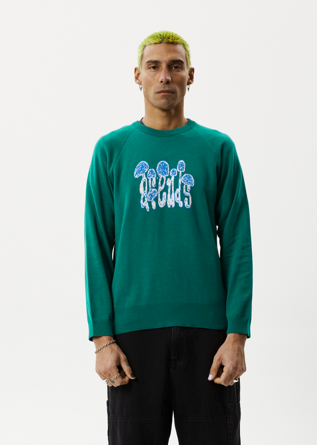 AFENDS Mens Psychedelic - Raglan Knitted Crew Neck Jumper - Emerald 