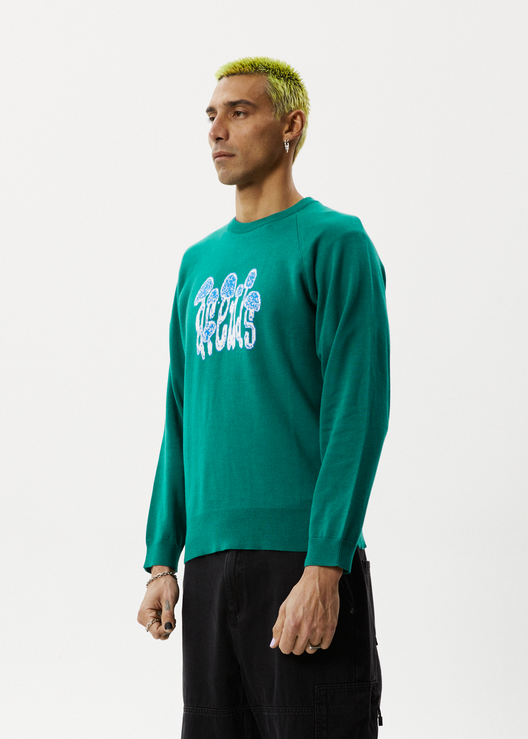 AFENDS Mens Psychedelic - Raglan Knitted Crew Neck Jumper - Emerald 