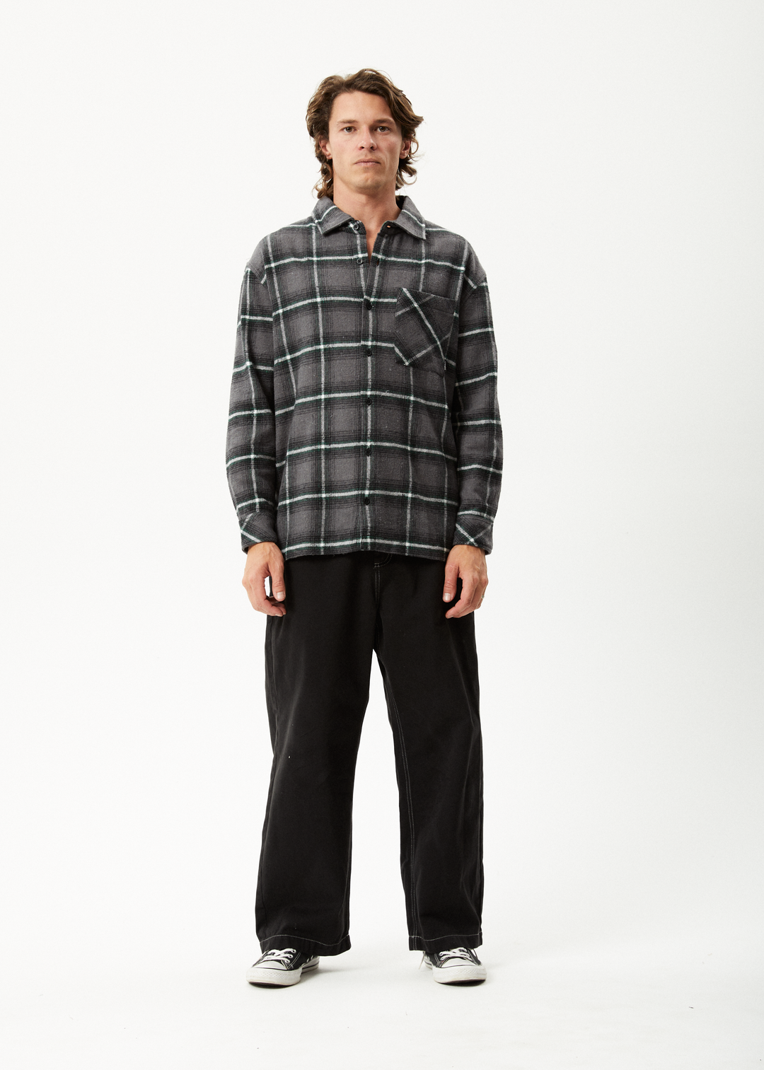 AFENDS Mens Sandstorm - Flannel Long Sleeve Shirt - Black Check 