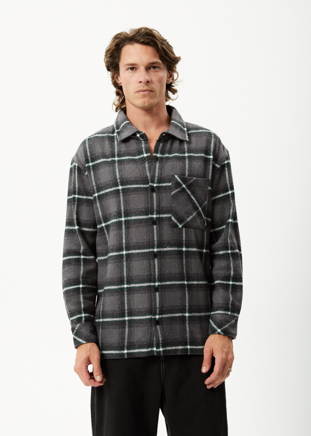 AFENDS Mens Sandstorm - Flannel Long Sleeve Shirt - Black Check 