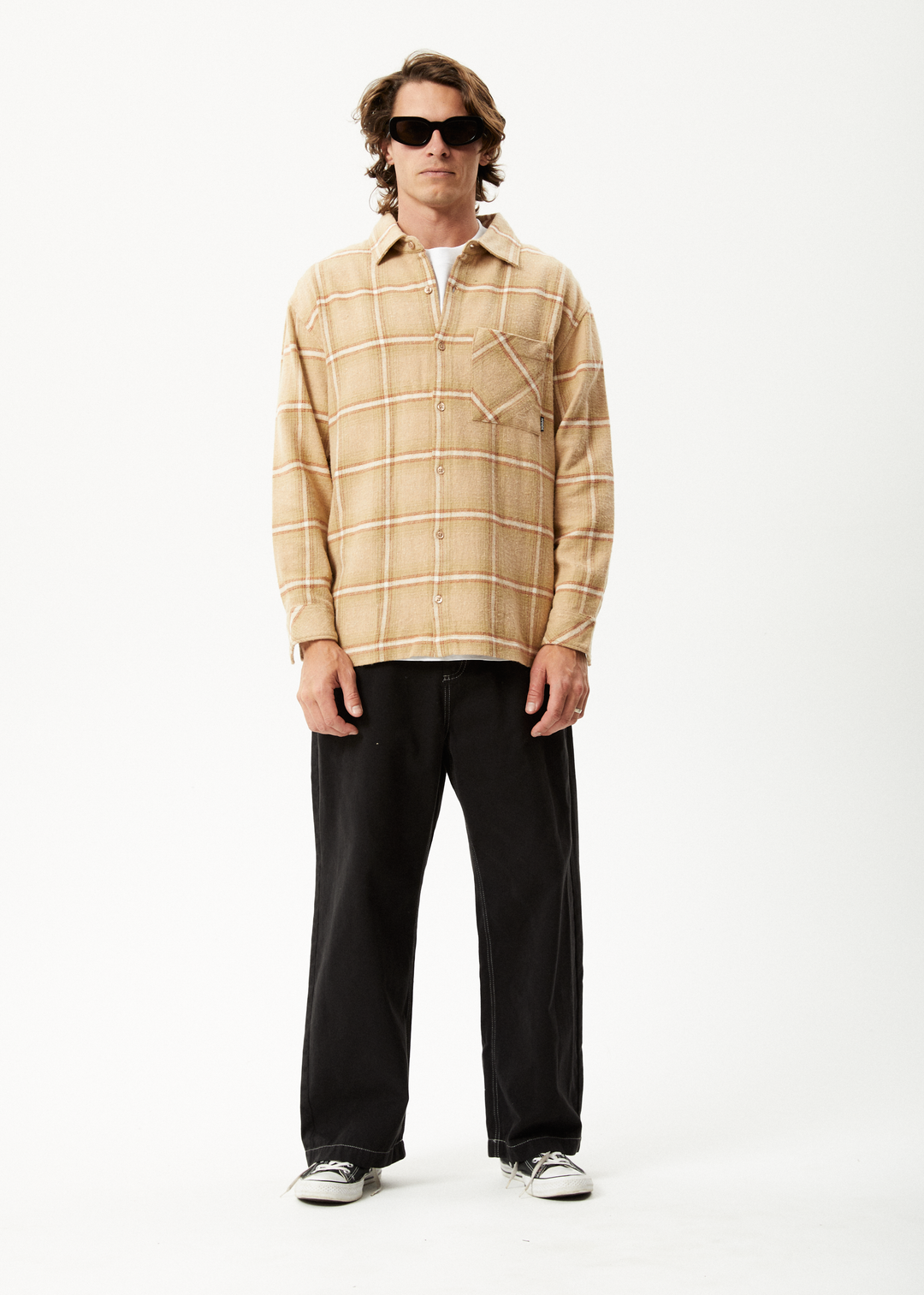 AFENDS Mens Sandstorm - Flannel Long Sleeve Shirt - Camel Check 