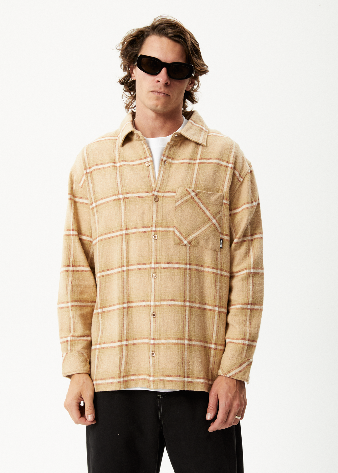 AFENDS Mens Sandstorm - Flannel Long Sleeve Shirt - Camel Check 