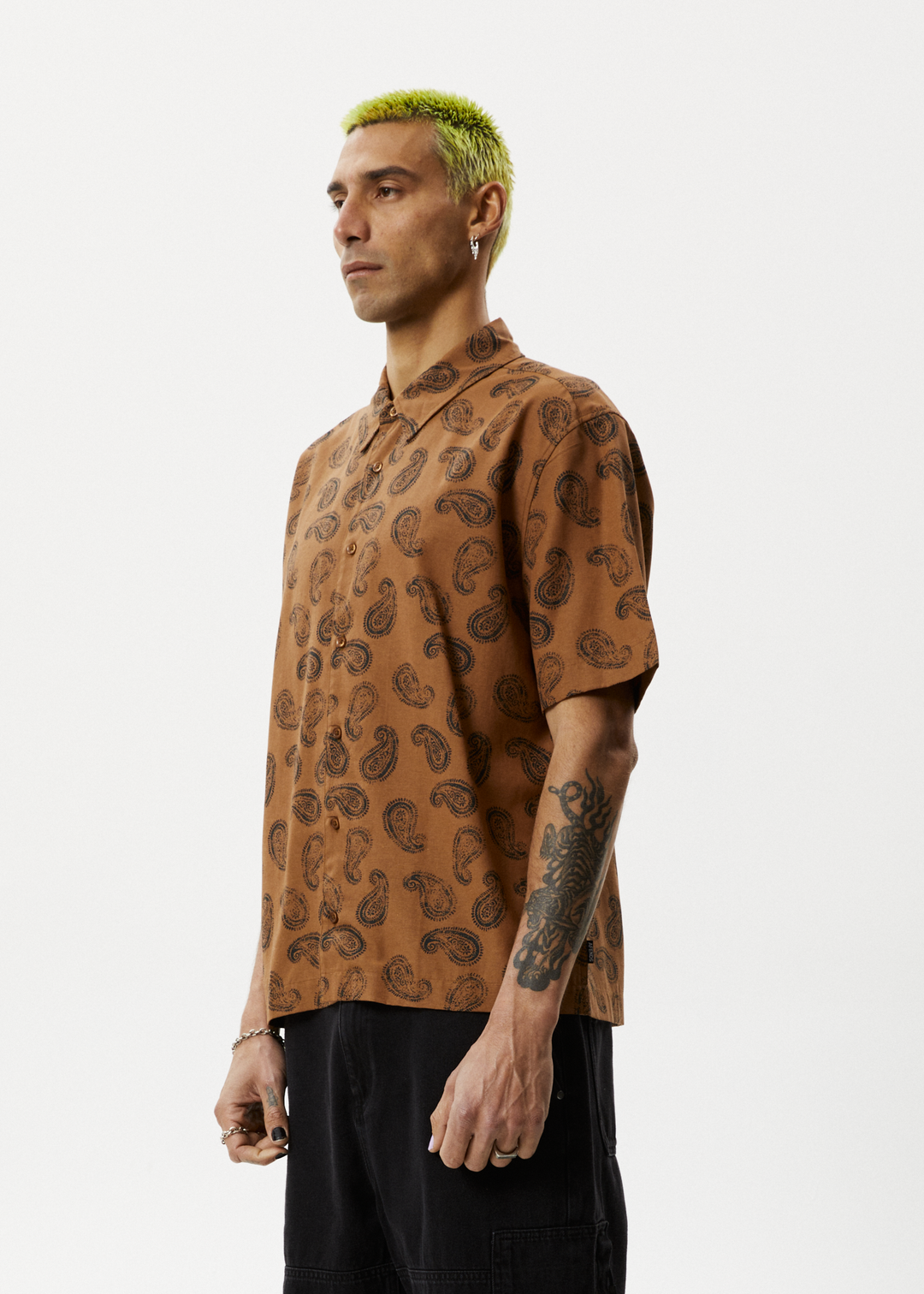 AFENDS Mens Tradition - Paisley Short Sleeve Shirt - Toffee 