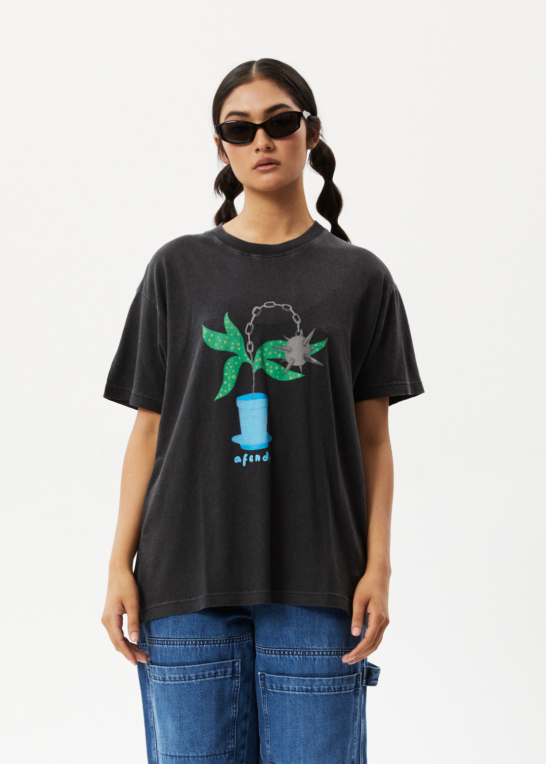 AFENDS Womens Elliot Slay - Oversized Graphic T-Shirt - Stone Black 