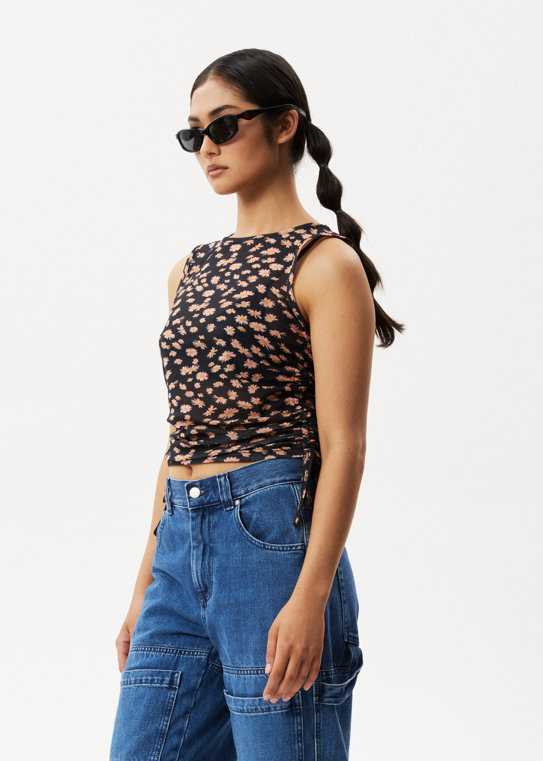 AFENDS Womens Hazey - Sheer Gathered Cropped Top - Black Floral 