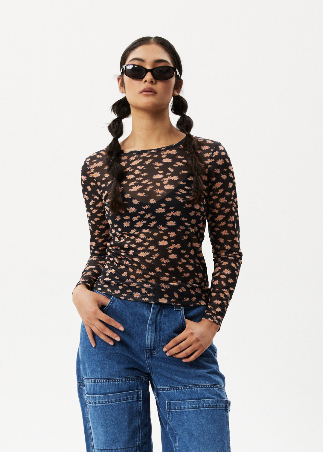 AFENDS Womens Hazey - Sheer Long Sleeve Top - Black Floral 