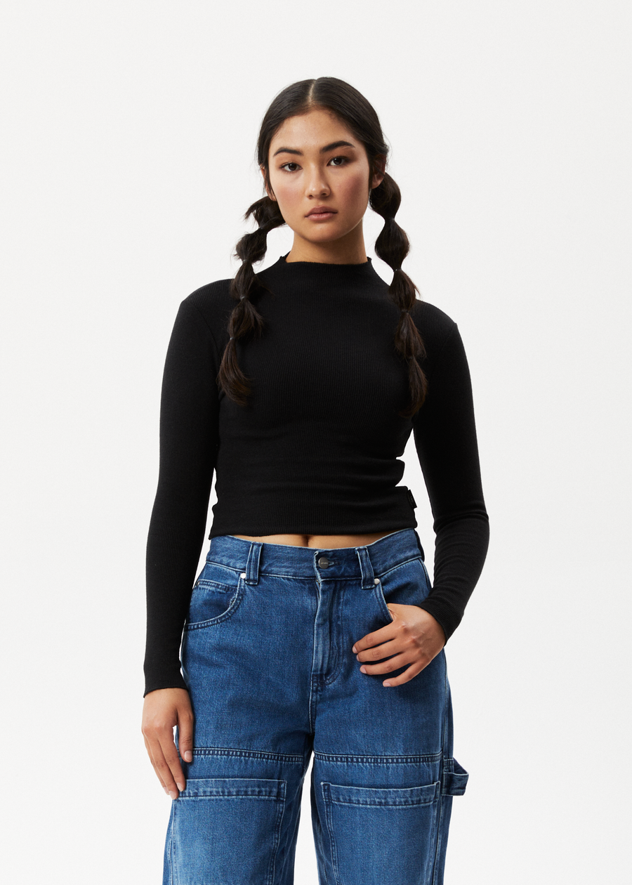 AFENDS Womens Iconic Long Sleeve Ribbed Top Black Afends AU.