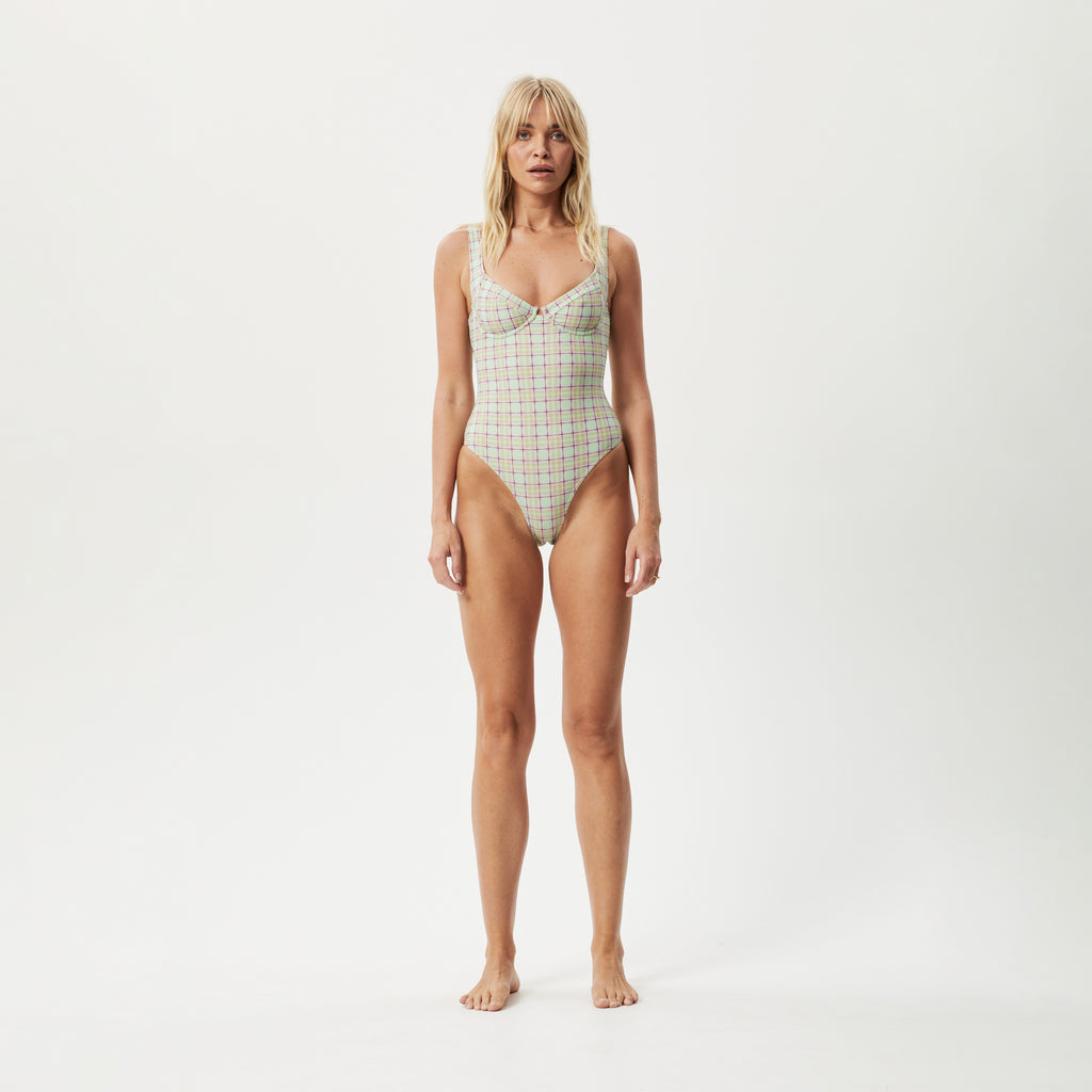 AFENDS Womens Kali - Check One Piece - Pistachio Check W233702-PTC-XS