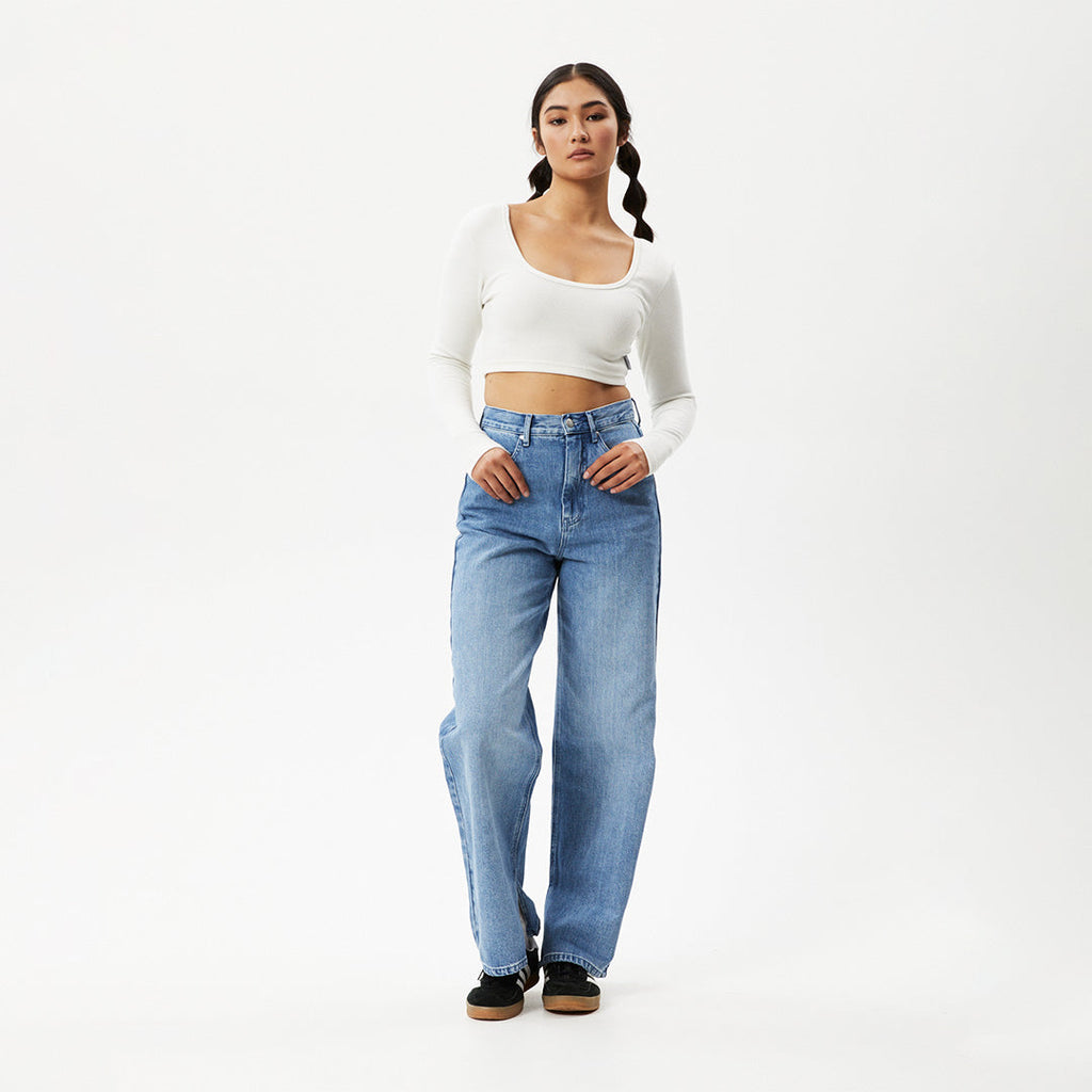 AFENDS Womens Milla - Rib Long Sleeve Cropped Top - Off White W220066-OFW-XS