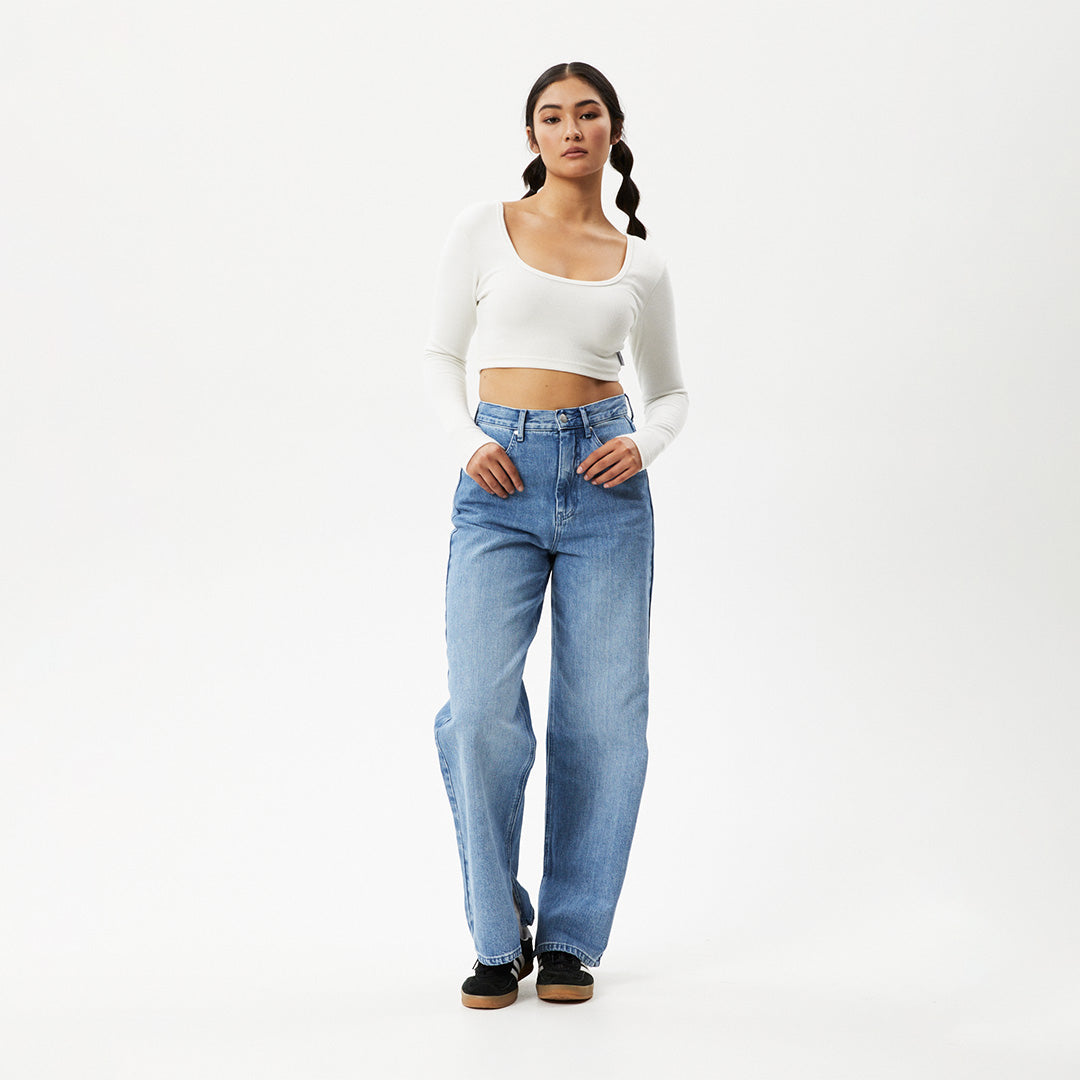 AFENDS Womens Milla - Rib Long Sleeve Cropped Top - Off White W220066-OFW-XS