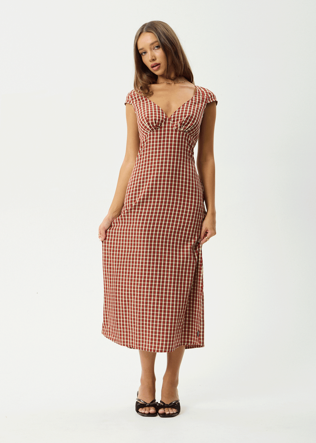 AFENDS Womens Austin - Check Midi Dress - Red Rum
