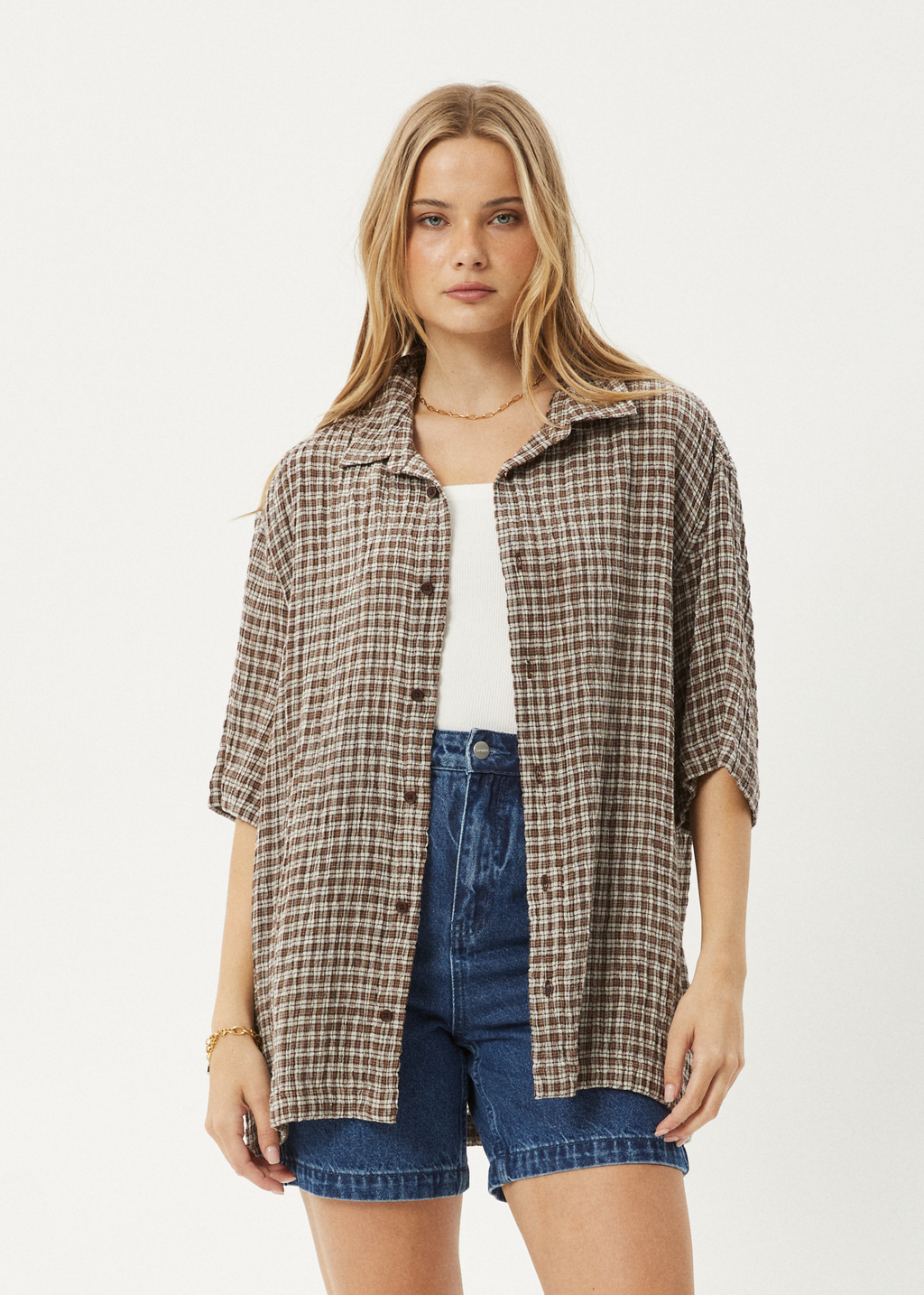 AFENDS Mens Base - Seersucker Short Sleeve Shirt - Coffee Check