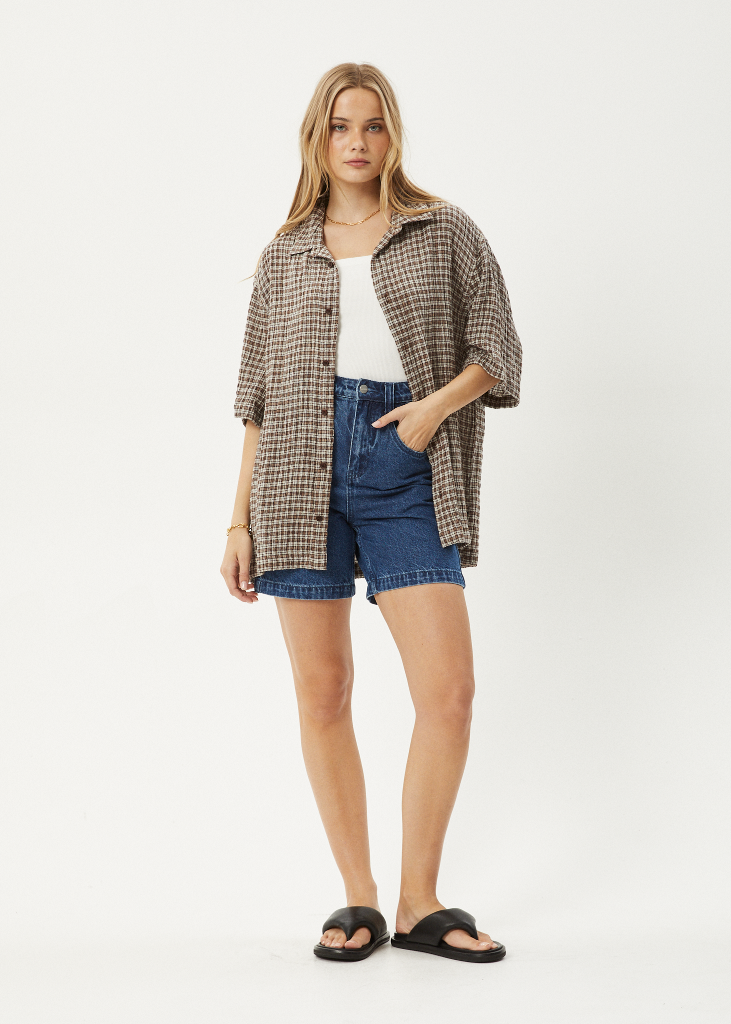 AFENDS Mens Base - Seersucker Short Sleeve Shirt - Coffee Check