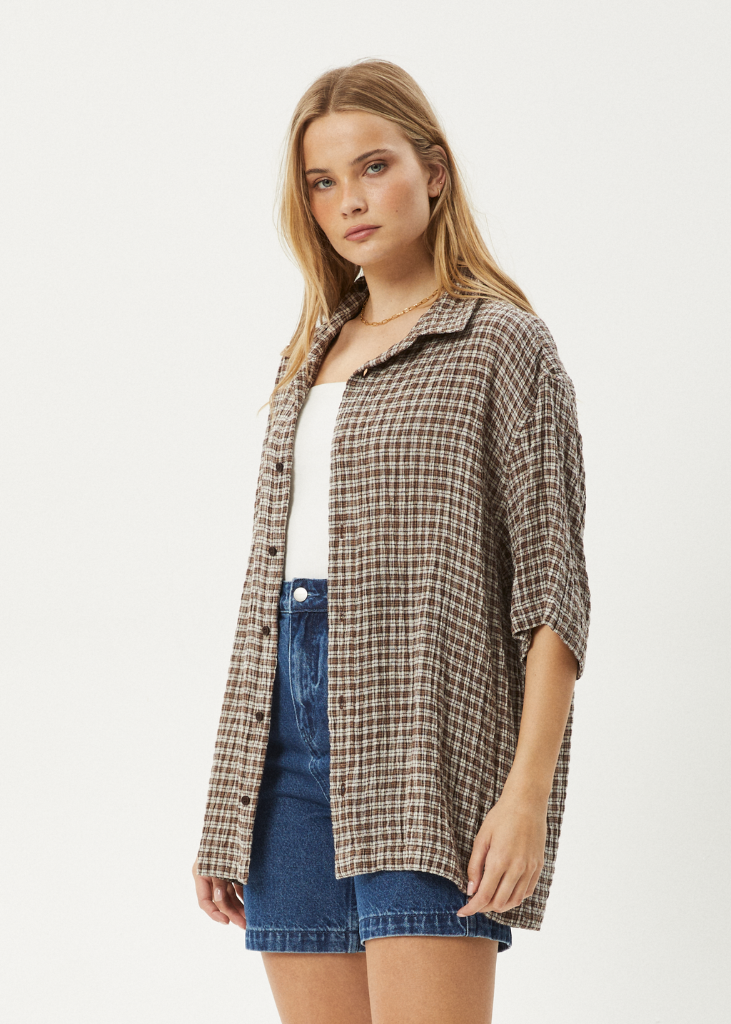 AFENDS Mens Base - Seersucker Short Sleeve Shirt - Coffee Check