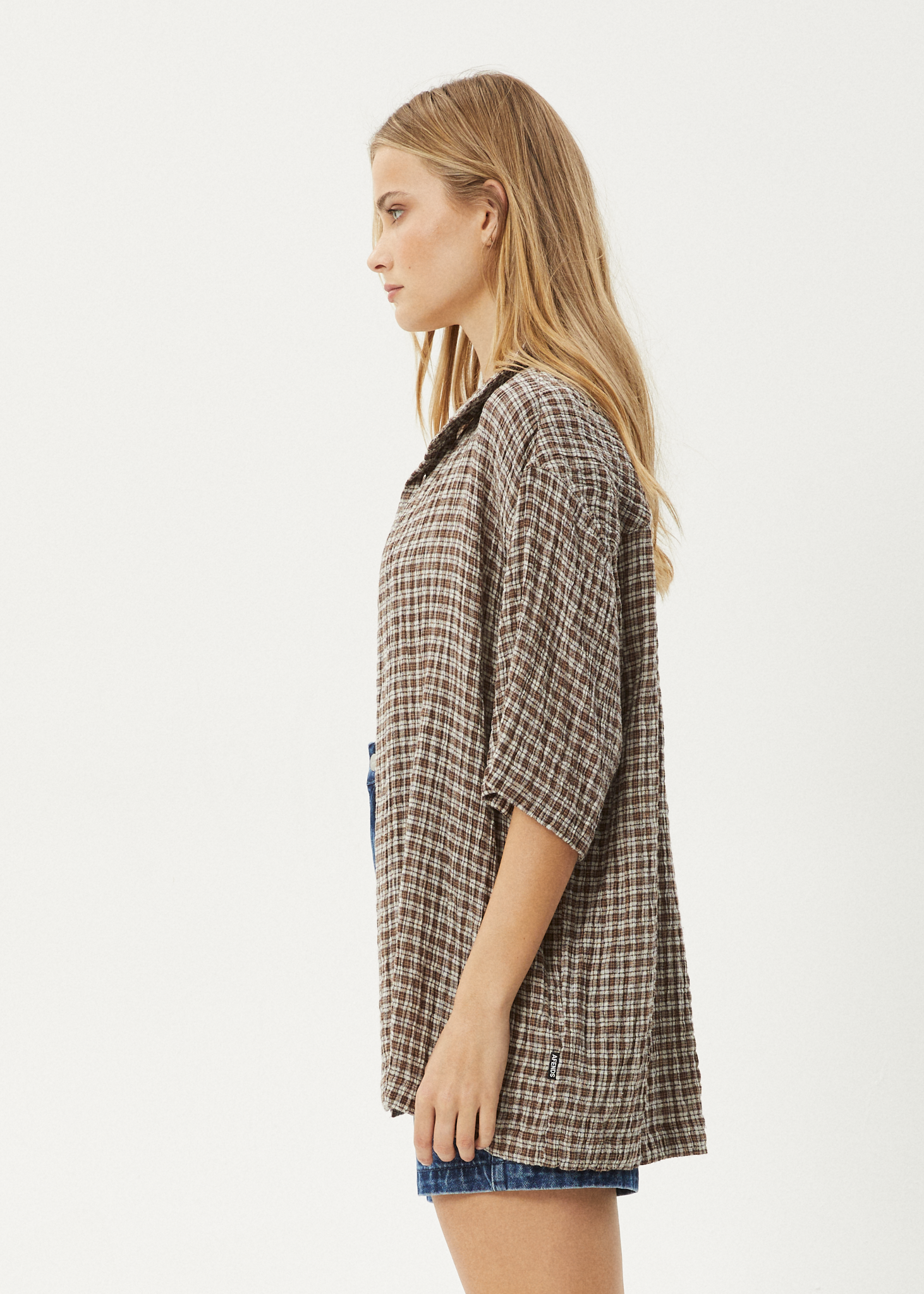 AFENDS Mens Base - Seersucker Short Sleeve Shirt - Coffee Check