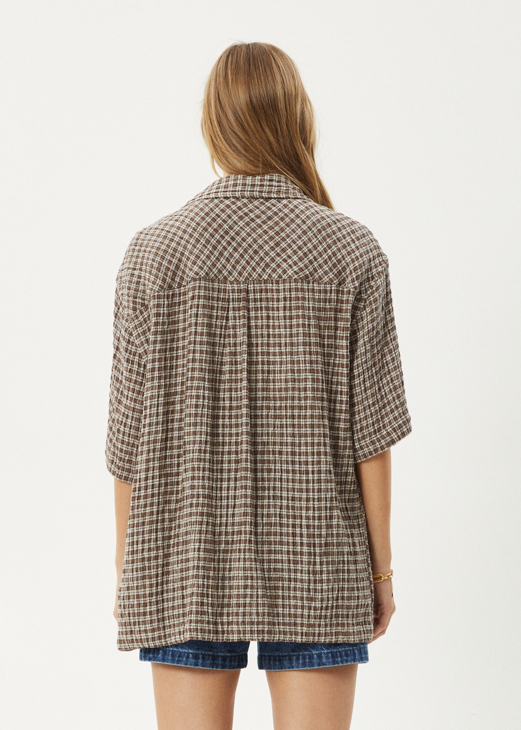 AFENDS Mens Base - Seersucker Short Sleeve Shirt - Coffee Check