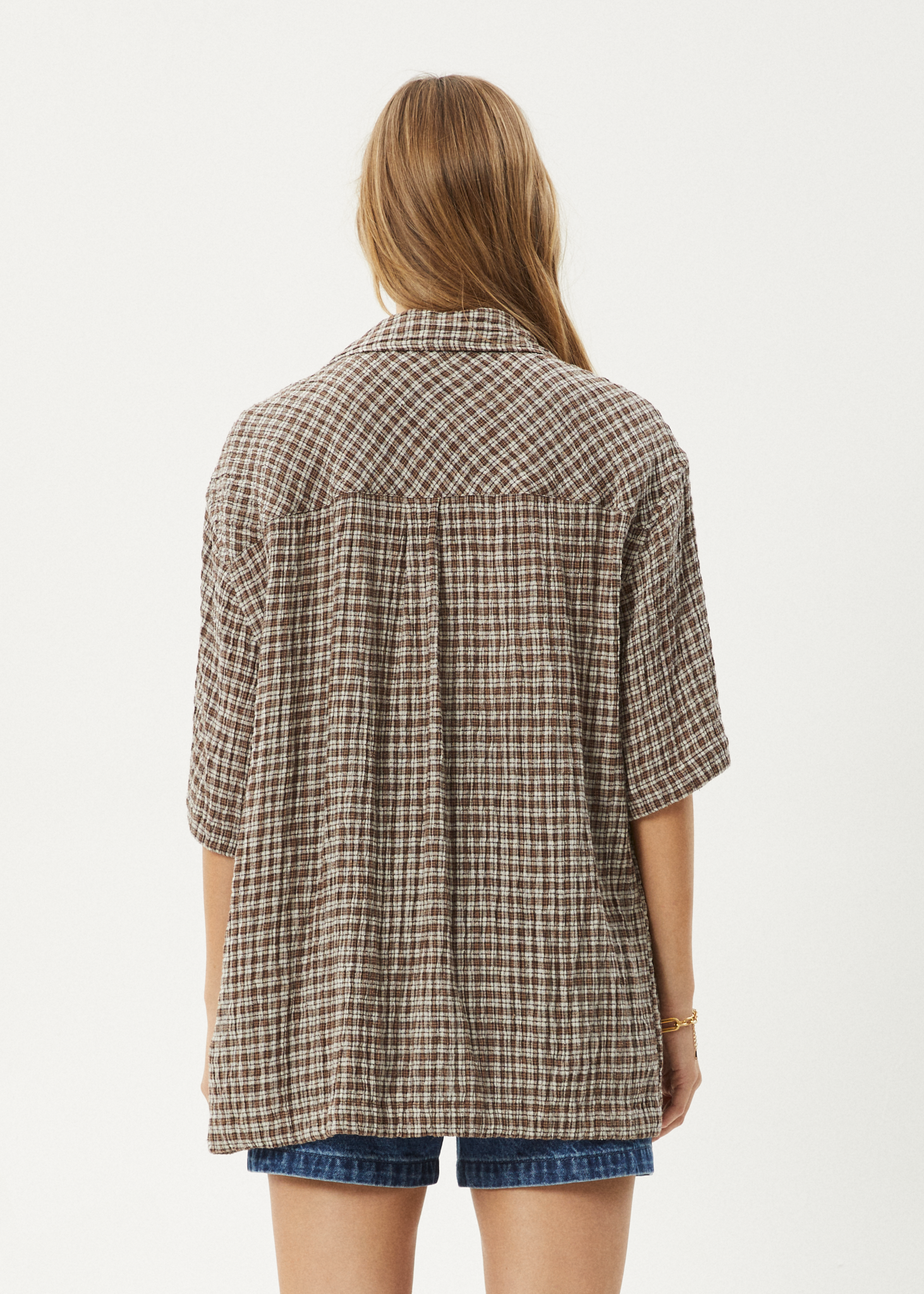 AFENDS Mens Base - Seersucker Short Sleeve Shirt - Coffee Check