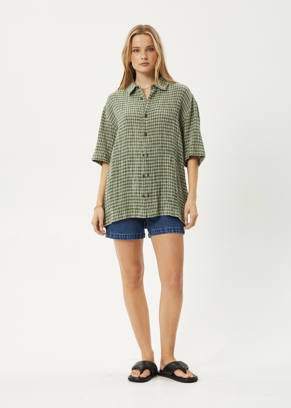 AFENDS Mens Base - Seersucker Short Sleeve Shirt - Deep Green Check