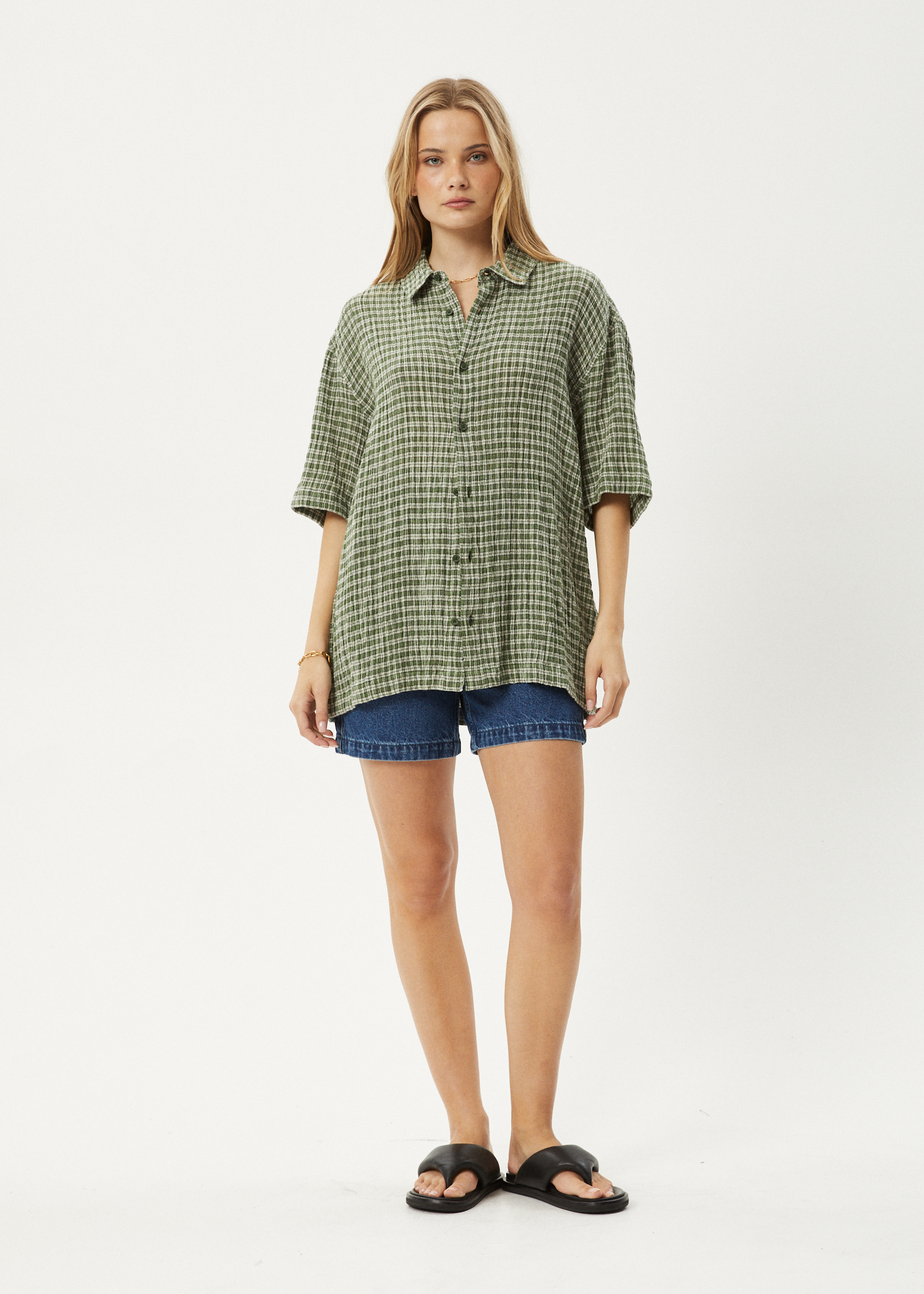AFENDS Mens Base - Seersucker Short Sleeve Shirt - Deep Green Check