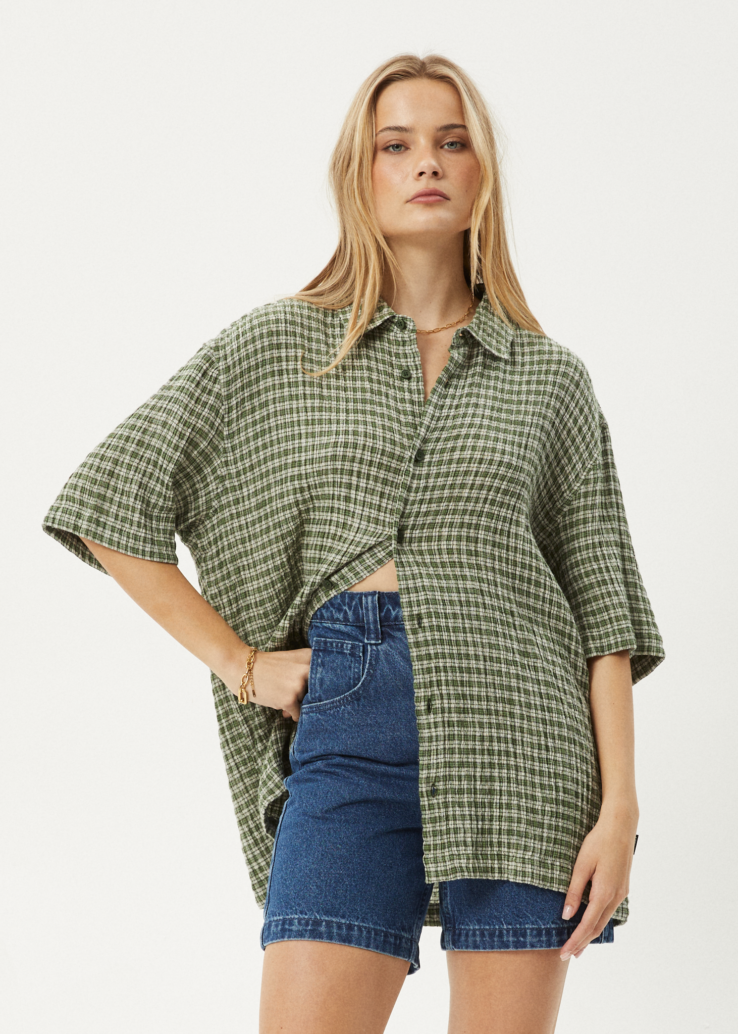 AFENDS Mens Base - Seersucker Short Sleeve Shirt - Deep Green Check