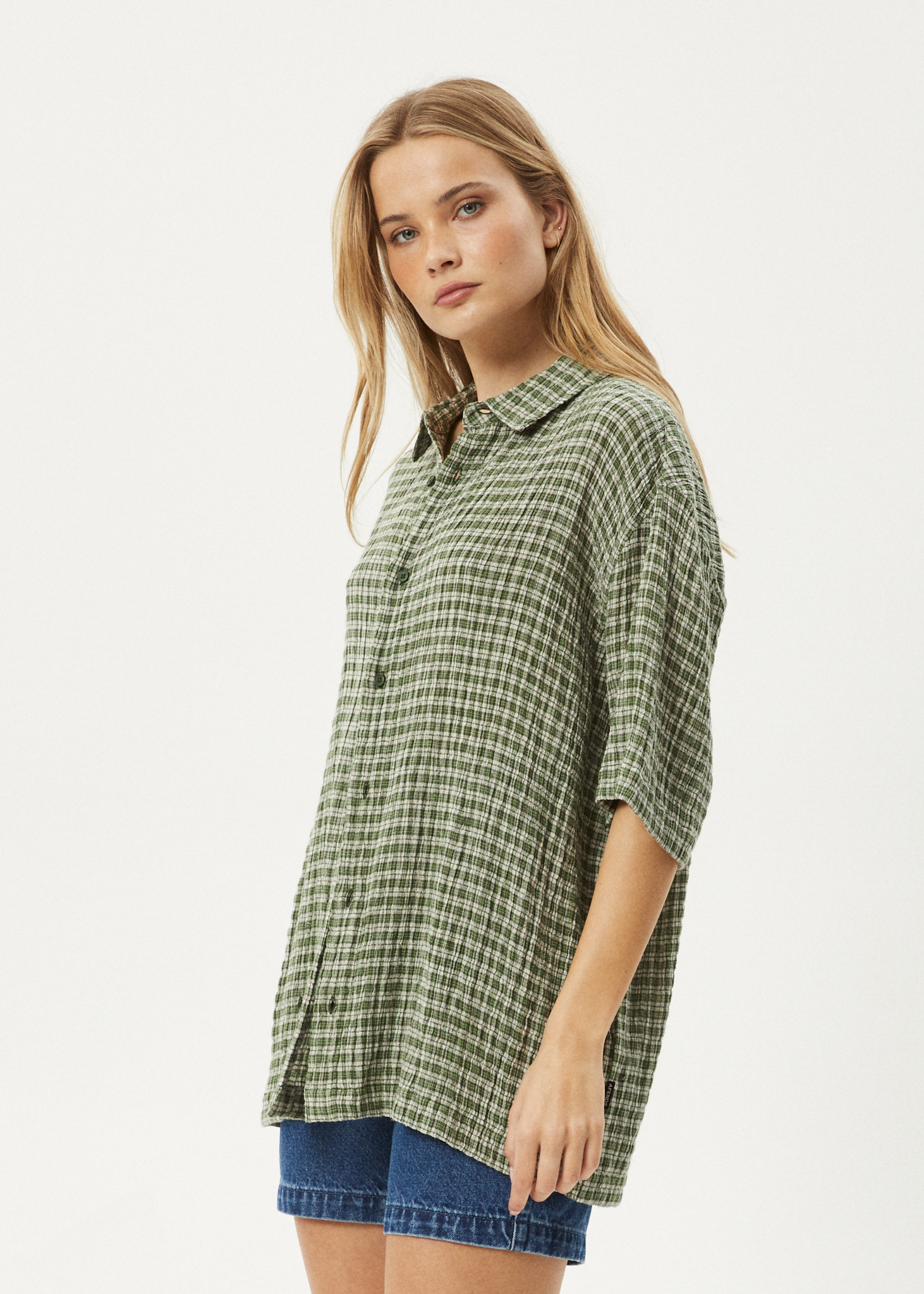 AFENDS Mens Base - Seersucker Short Sleeve Shirt - Deep Green Check