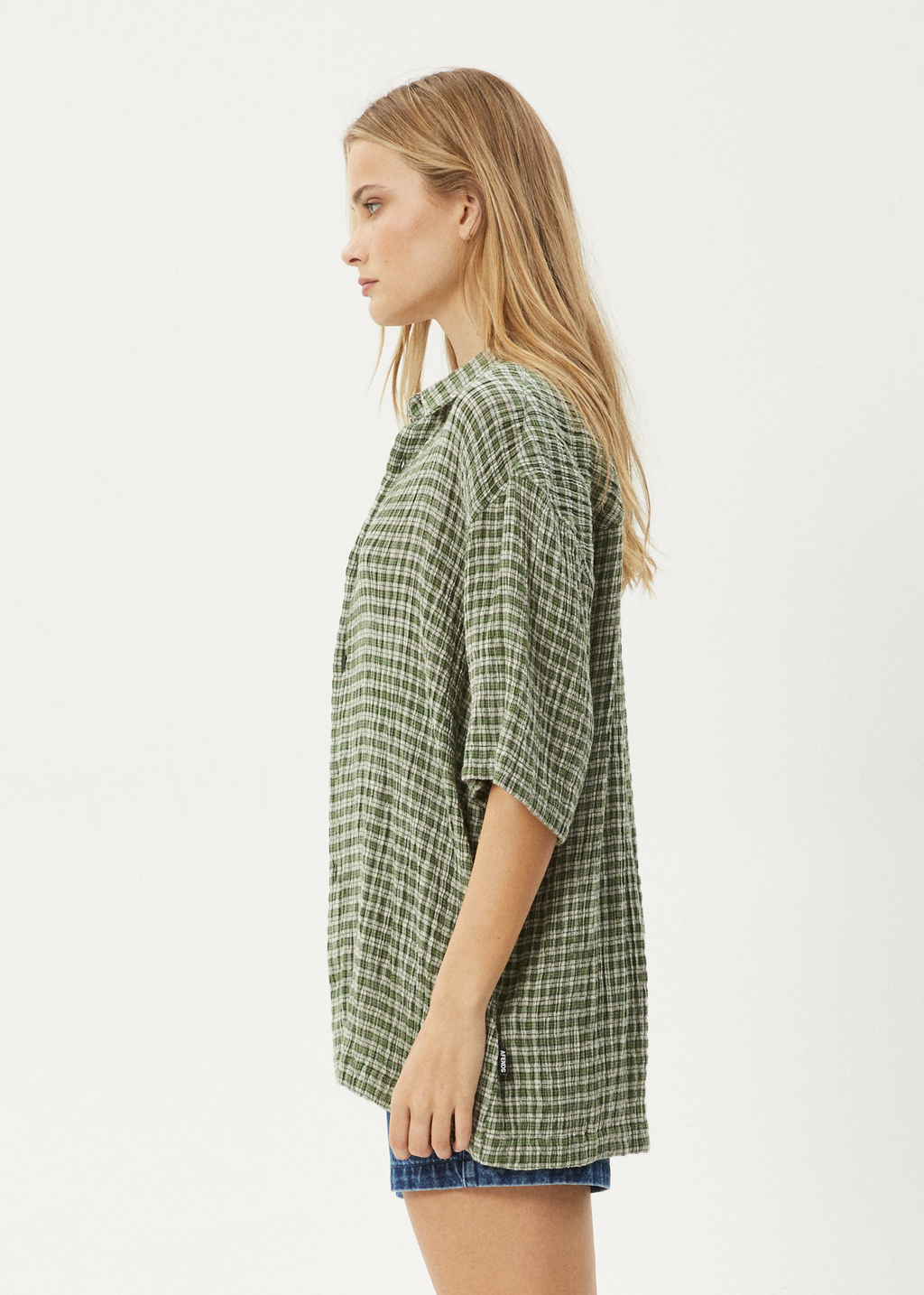 AFENDS Mens Base - Seersucker Short Sleeve Shirt - Deep Green Check