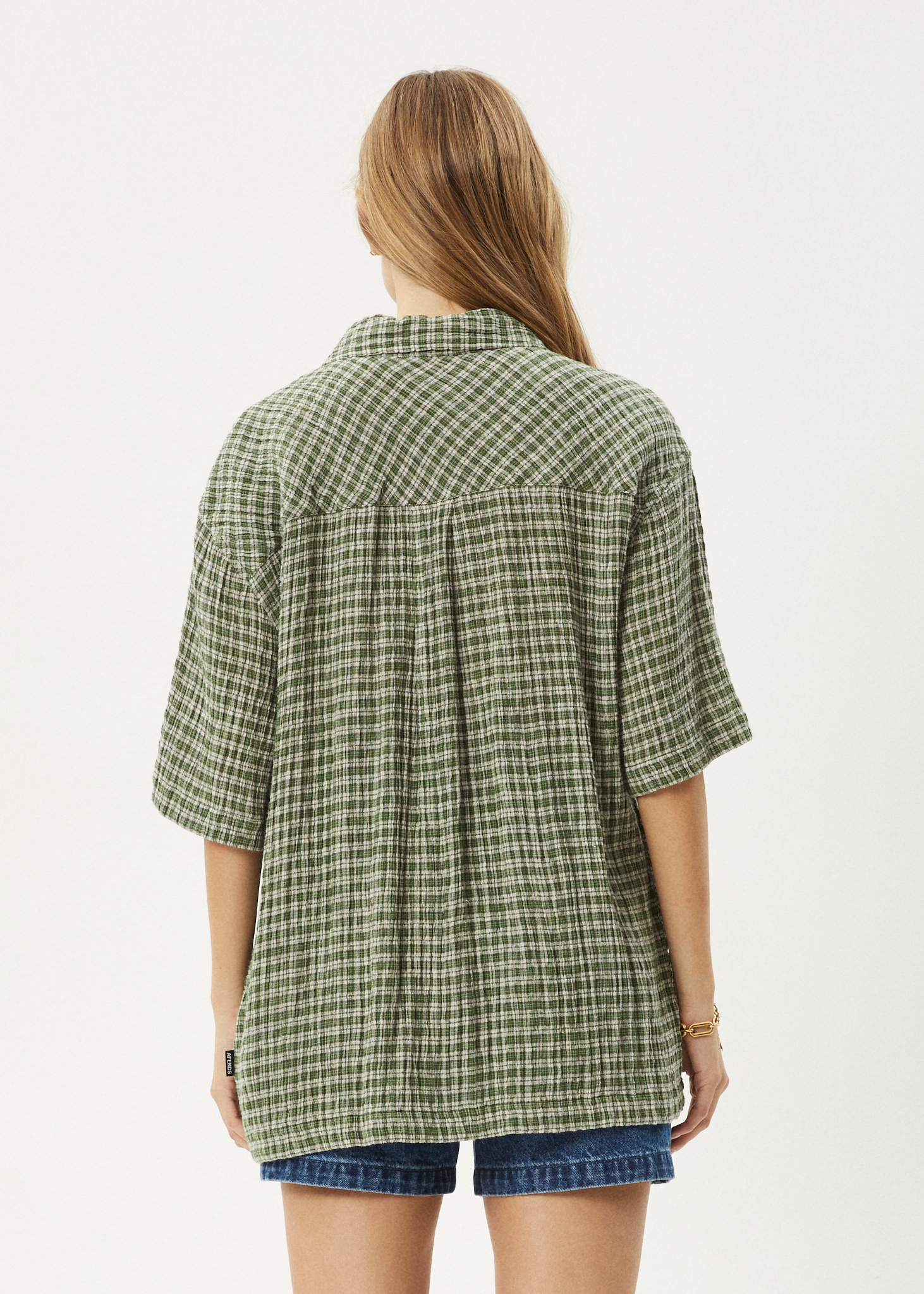 AFENDS Mens Base - Seersucker Short Sleeve Shirt - Deep Green Check