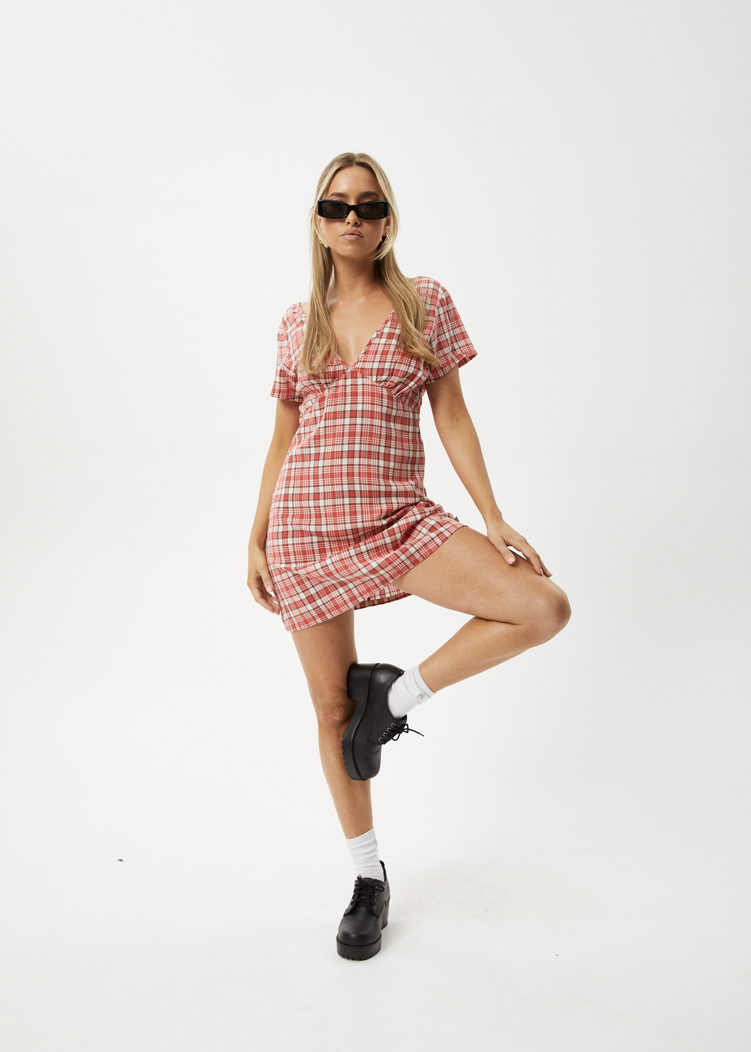 AFENDS Womens Check Out - Tea Dress - Red Check 