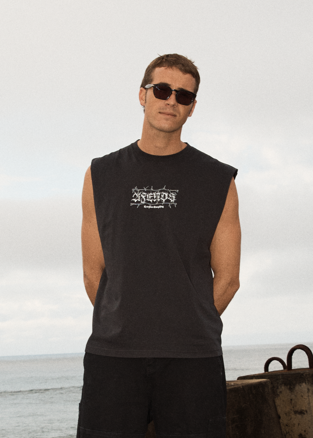 AFENDS Mens Thorny - Sleeveless Tee - Stone Black